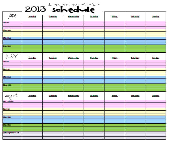2013 Summer Schedule