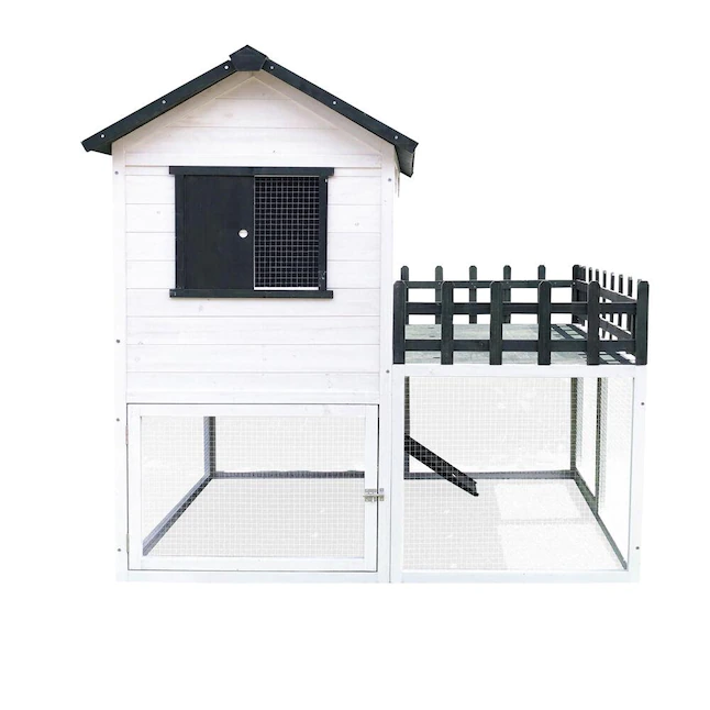 black and white farmhouse chicken coop